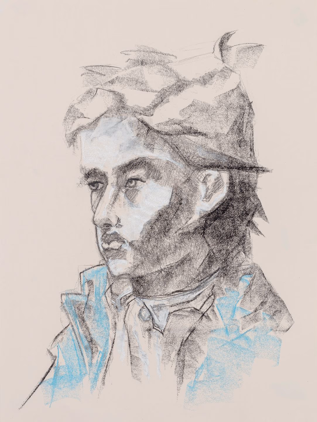 bearded man in a loosely wrapped head covering, three-quarter view in grainy charcoal with cerulean strokes at the collar