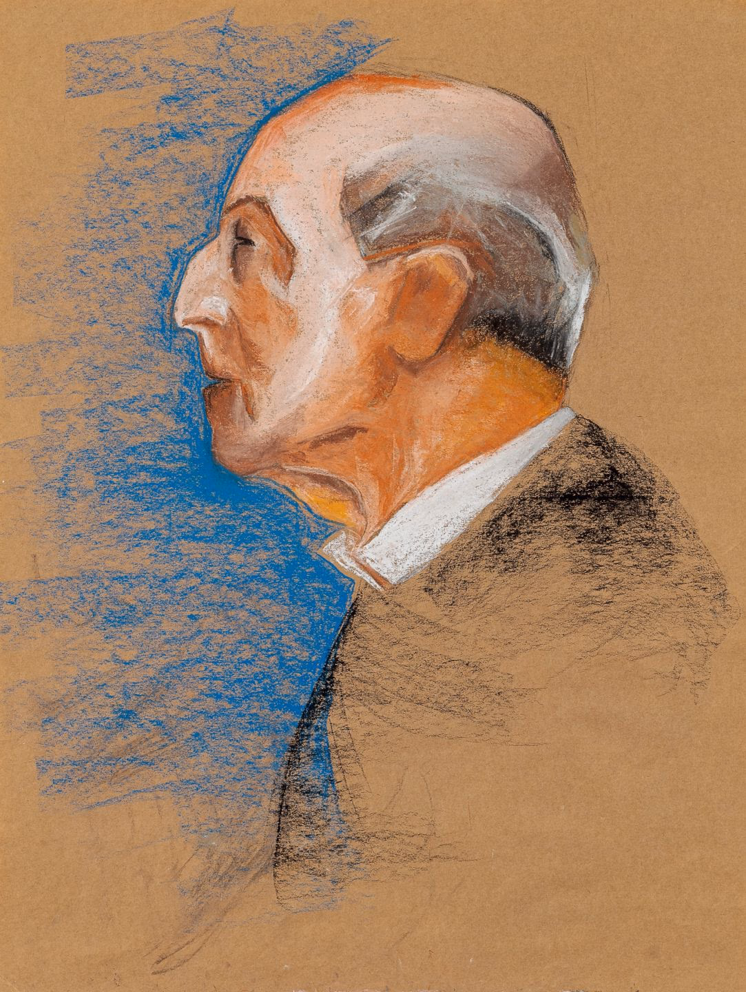 elderly man in strict profile, orange and white flesh tones against a scrubbed cobalt field on brown paper