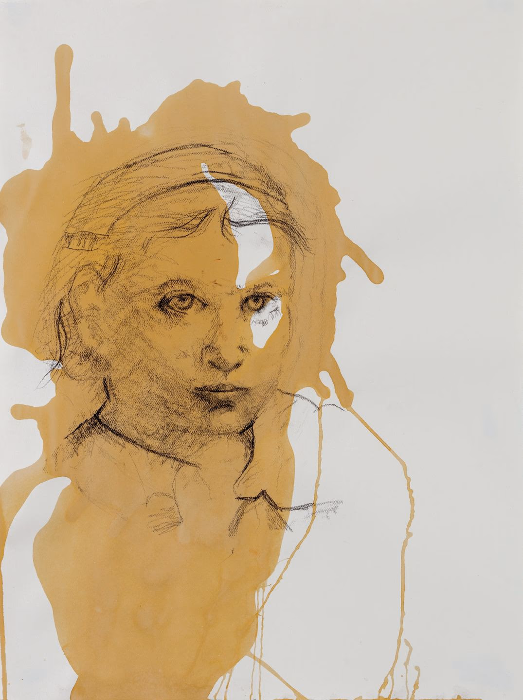 girl gazing forward in soft charcoal, a coffee wash splashed and dripping around the figure