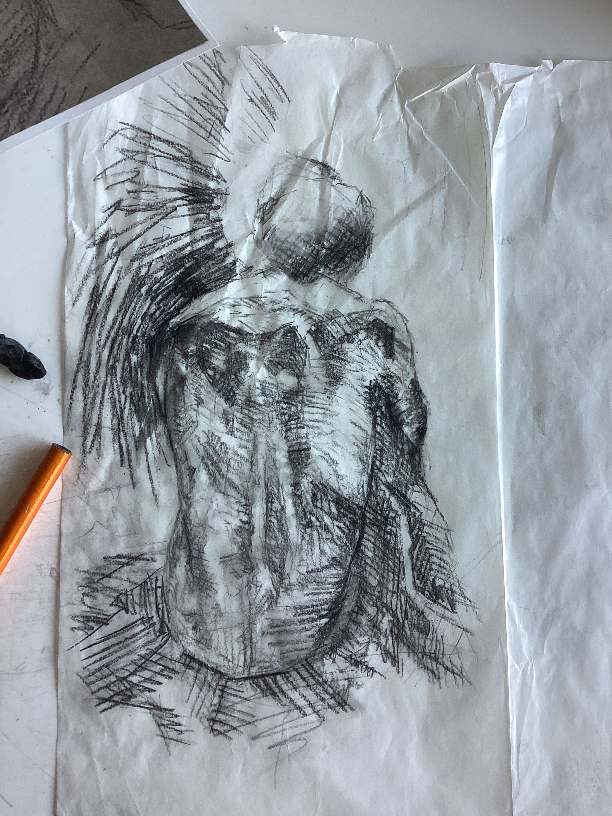 seated figure seen from behind, bare back mapped in crosshatched charcoal, strokes radiating around the silhouette